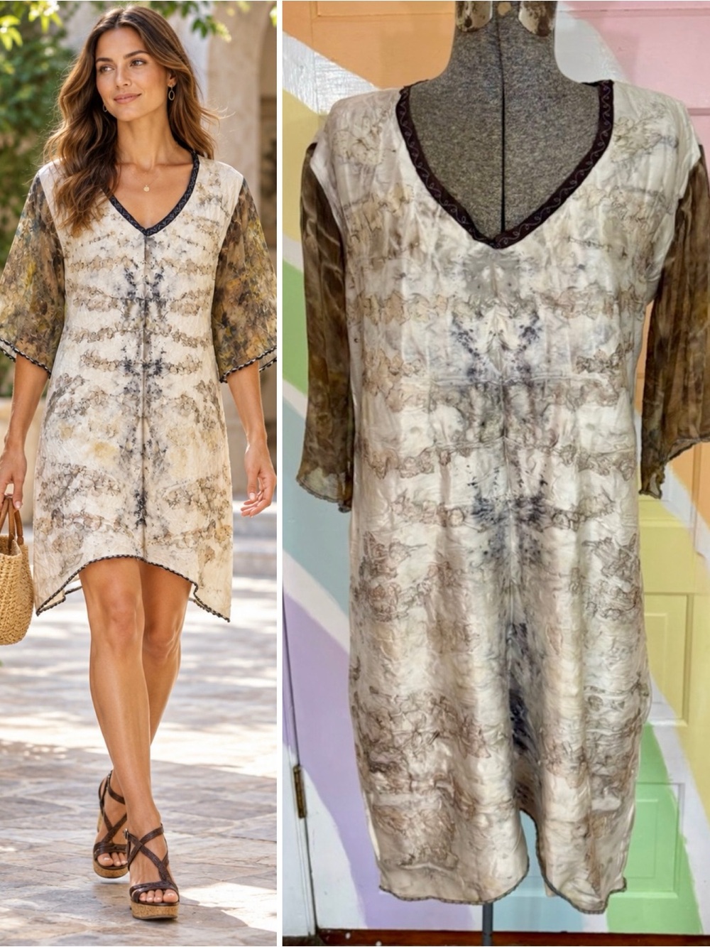 Gigi Renee 100% Silk Botanical Eco Print V-Neck Tunic Dress M 💛🍄